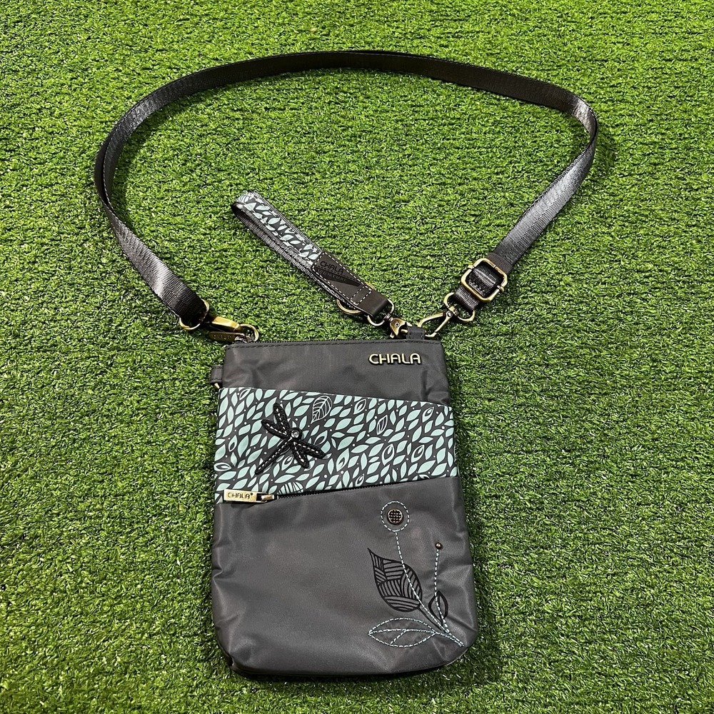 Chala Dragonfly 3 Way Cellphone Crossbody Bag Sli Vegan Leather Grey Blue NWOT